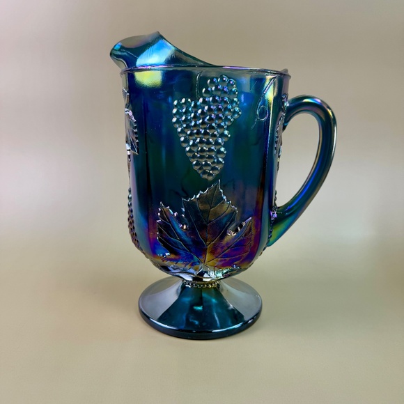 Vintage Indiana Glass Blue Carnival Grape Vine Pitcher | Iridescent Pedestal - Picture 3 of 16
